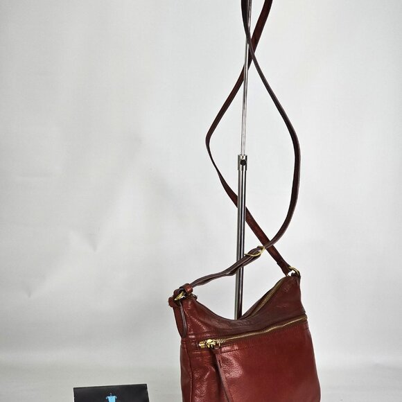 Margot Women's Cognac Leather Mary Scoop Double Zip Crossbody Bag Sz M 253 - Picture 6 of 13